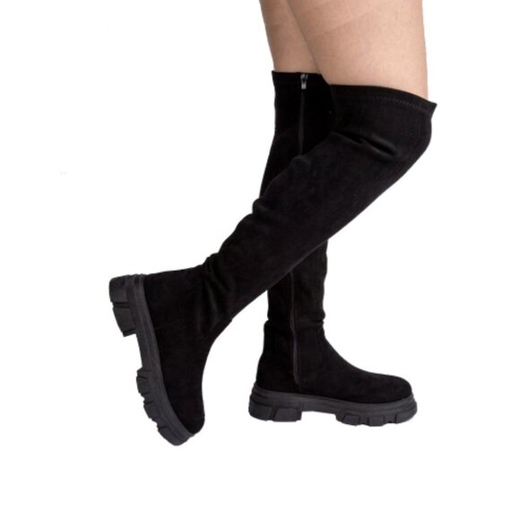 Qupid Women Lug Sole Over Knee Sock Boots Black Stretch Suede Size 10 - Picture 1 of 3